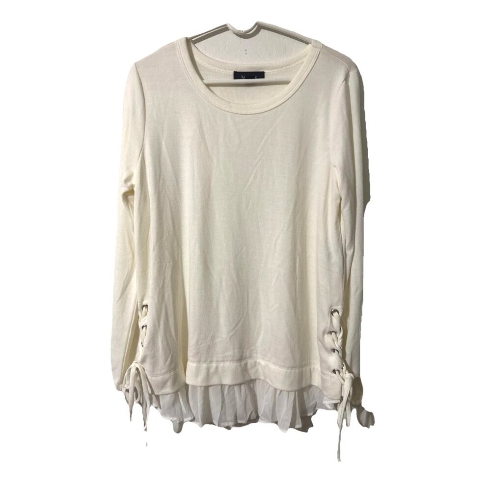 Karen Kane Ivory Pullover Knit Blouse with Bottom Ruffle, Side Ties Size XL